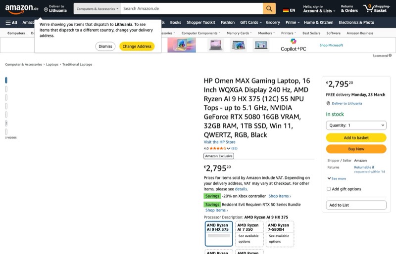 HP Omen MAX Gaming kaina Amazon.de — 2795,20 €