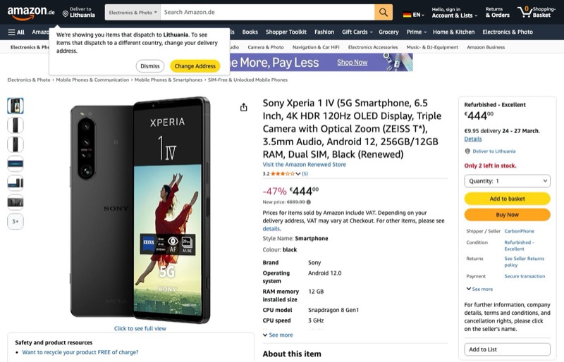 Sony Xperia 1 IV ( kaina Amazon.de — 444,00 €