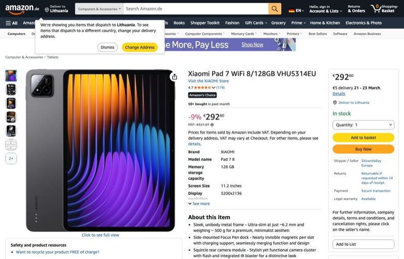 Xiaomi Pad 7 128GB kaina Amazon.de — 292,80 €