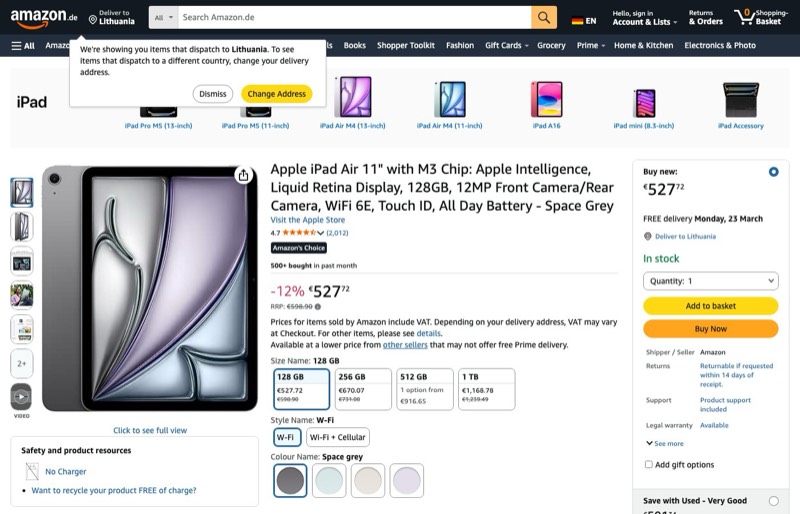 Apple iPad Air 11" M3 128GB kaina Amazon.de — 527,72 €