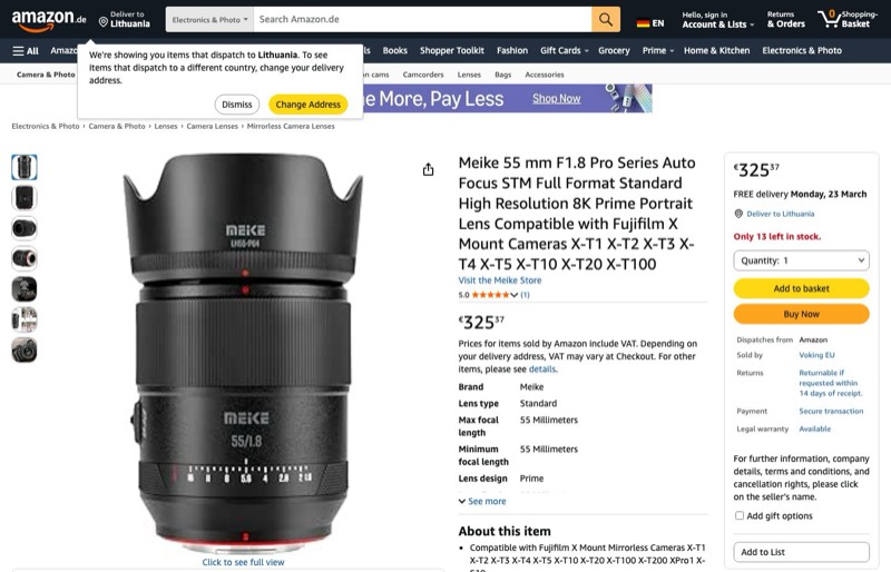 Meike 55mm F1.8 Pro Series Auto Focus STM Vollformat kaina Amazon.de — 325,37 €