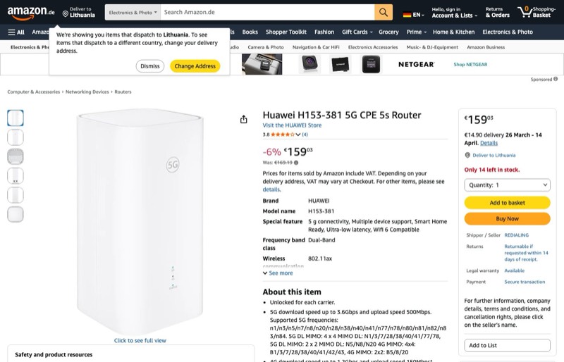 Huawei H153-381 CPE 5s Router kaina Amazon.de — 159,03 €