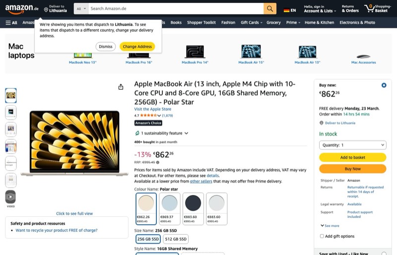 Apple MacBook Air 13" M4 16GB 512GB kaina Amazon.de — 862,26 €