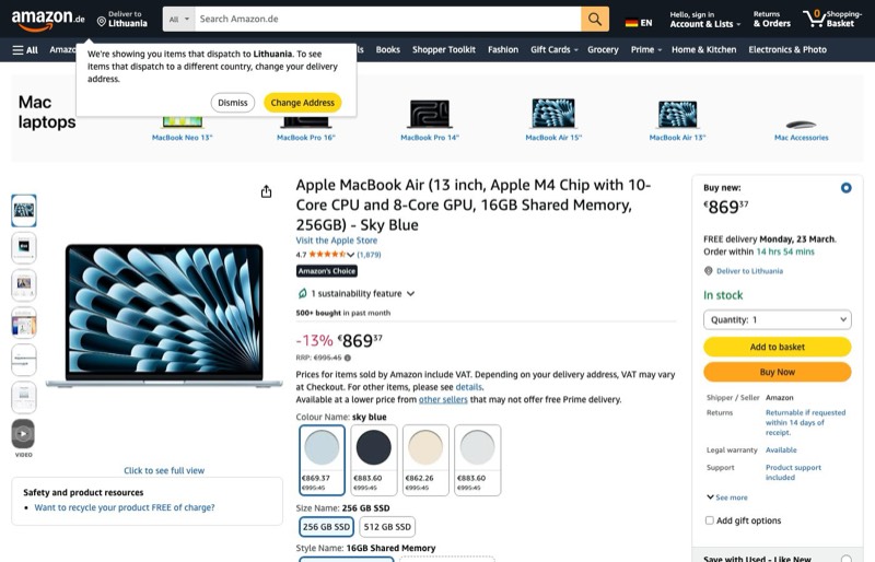 Apple MacBook Air 13" M4 16GB 256GB kaina Amazon.de — 869,37 €