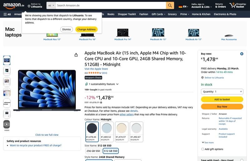 Apple MacBook Air 15" M4 24GB 512GB kaina Amazon.de — 1478,44 €