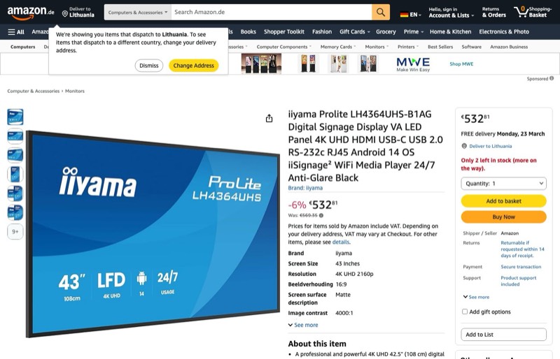 iiyama Prolite LH4364UHS-B1AG 108cm 43" Digital Signage kaina Amazon.de — 532,81 €