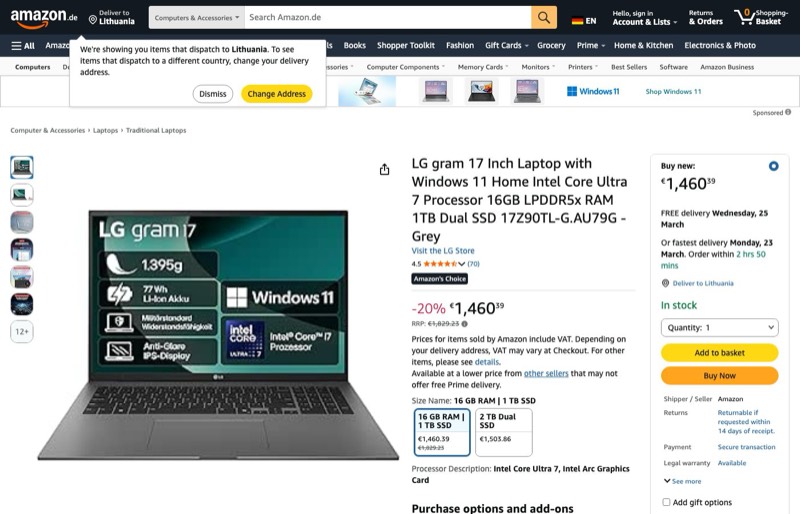 LG gram 17 (2025) kaina Amazon.de — 1460,39 €