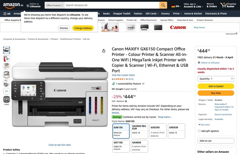 Canon MAXIFY GX6150 kompakter Büro kaina Amazon.de — 444,34 €
