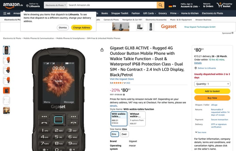 Gigaset GLX8 ACTIVE Outdoor Phone kaina Amazon.de — 80,51 €