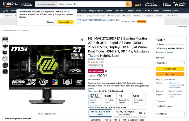 MSI MAG 272URDF E16 Gaming UHD kaina Amazon.de — 300,76 €