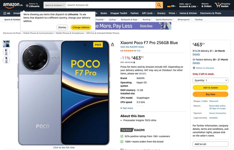 Xiaomi Poco F7 Pro 256GB Blue kaina Amazon.de — 463,51 €