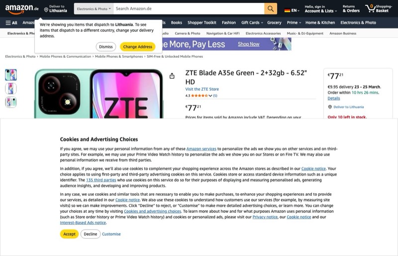 ZTE Blade A35e Green kaina Amazon.de — 77,21 €