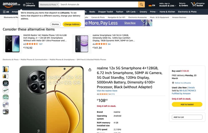 Realme 12x 128GB kaina Amazon.de — 108,83 €