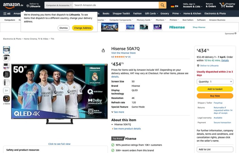 Hisense 50A7Q 50" 4K QLED TV kaina Amazon.de — 434,75 €