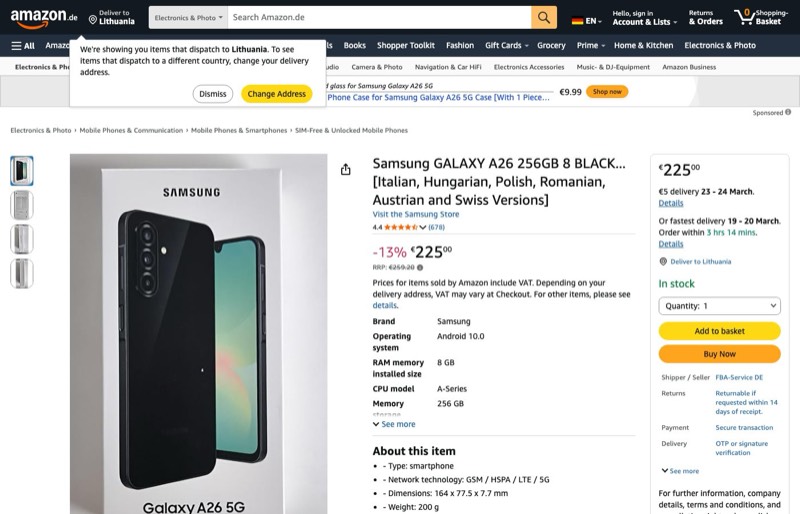 Samsung Galaxy A26 256GB kaina Amazon.de — 225,00 €