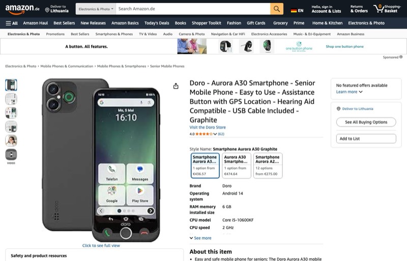 Doro Aurora A30 Seniorenhandy Einfach zu bedienen kaina Amazon.de — 264,35 €