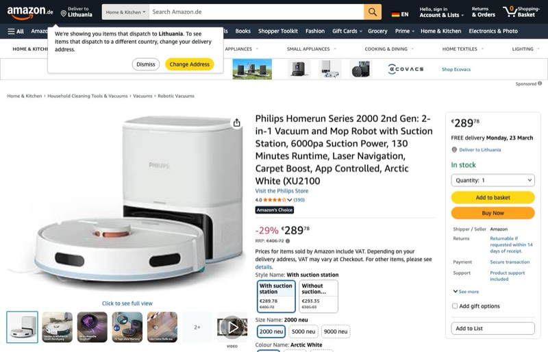 Philips Homerun 2000 Gen 2 kaina Amazon.de — 289,78 €