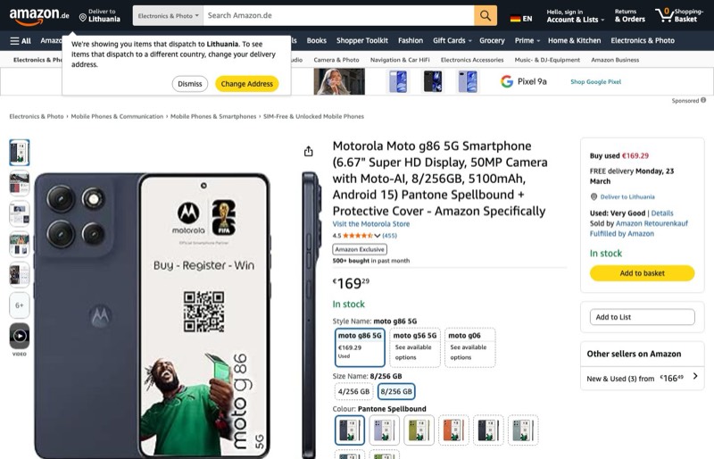Motorola Moto g86 5G 256GB kaina Amazon.de — 169,29 €