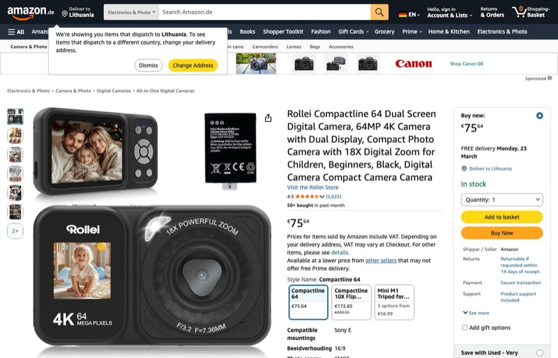 Fotoaparatas Rollei Compactline 64 Dual Screen kaina Amazon.de — 75,64 €