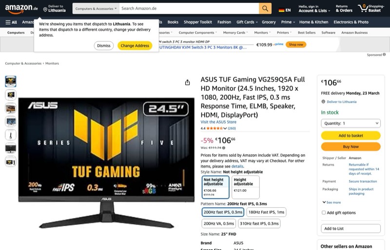 ASUS TUF Gaming VG259Q5A Full HD (24 kaina Amazon.de — 106,66 €