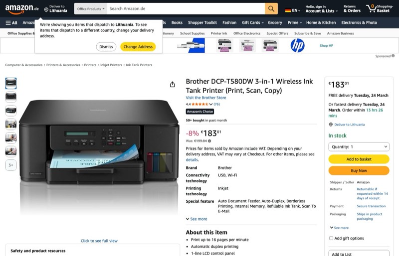 Brother DCP-T580DW kaina Amazon.de — 183,01 €