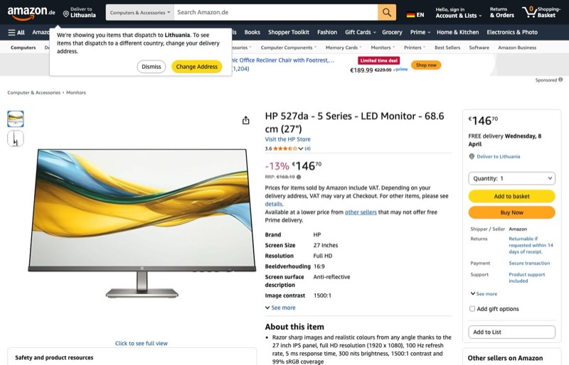 HP 527da 5 Series LED- 68.6 cm 1920 x 1080 Full HD @ 100 Hz kaina Amazon.de — 146,70 €