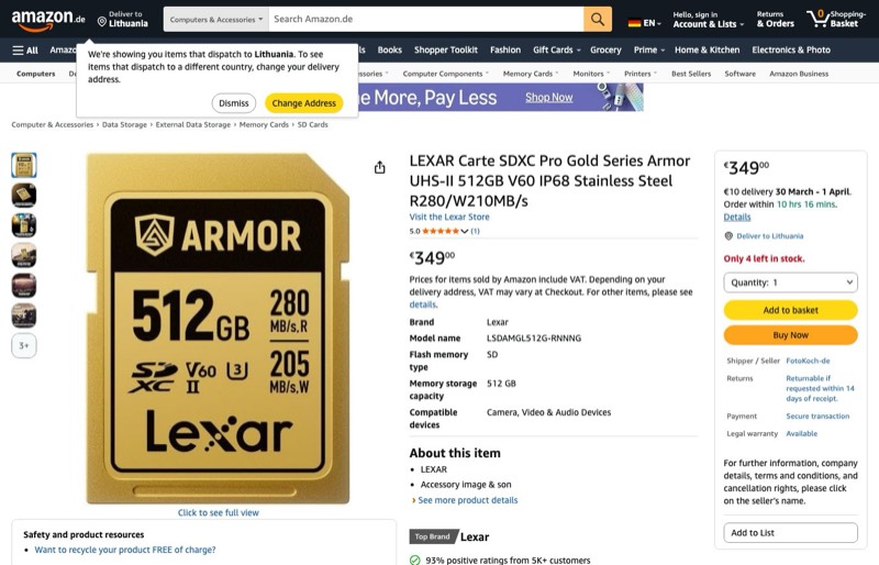 LEXAR Carte SDXC Pro Series Armor UHS-II 512GB V60 IP68 kaina Amazon.de — 349,00 €