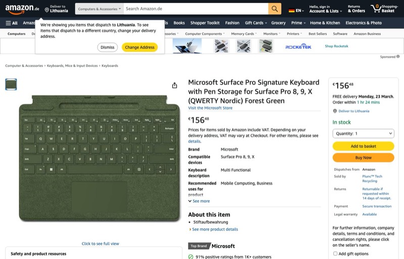 Microsoft Surface Signature Pro 8 kaina Amazon.de — 156,48 €