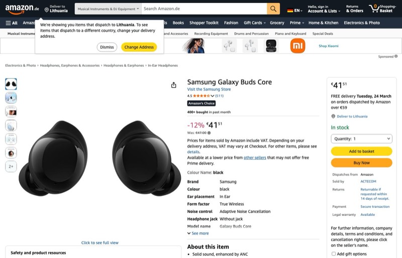 Samsung Galaxy Buds Core kaina Amazon.de — 41,51 €