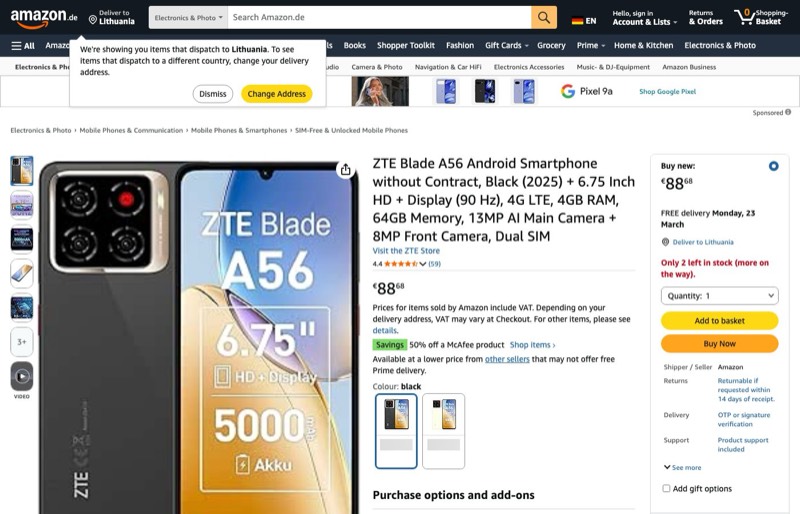 ZTE Blade A56 Android Vertrag kaina Amazon.de — 88,68 €