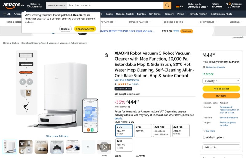 Xiaomi Robot Vacuum 5 kaina Amazon.de — 444,57 €