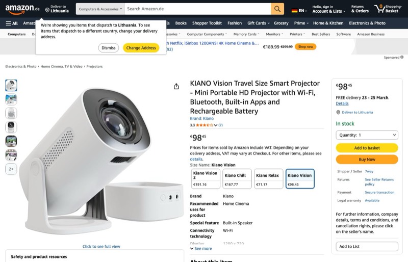 KIANO Vision Travel Mini Projector kaina Amazon.de — 98,45 €