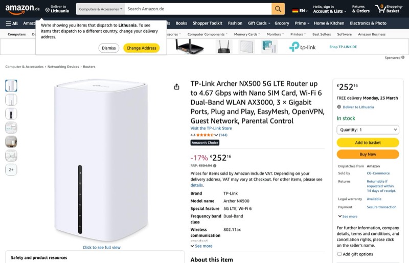 TP-Link Archer NX500 LTE Router bis zu 4 kaina Amazon.de — 252,16 €