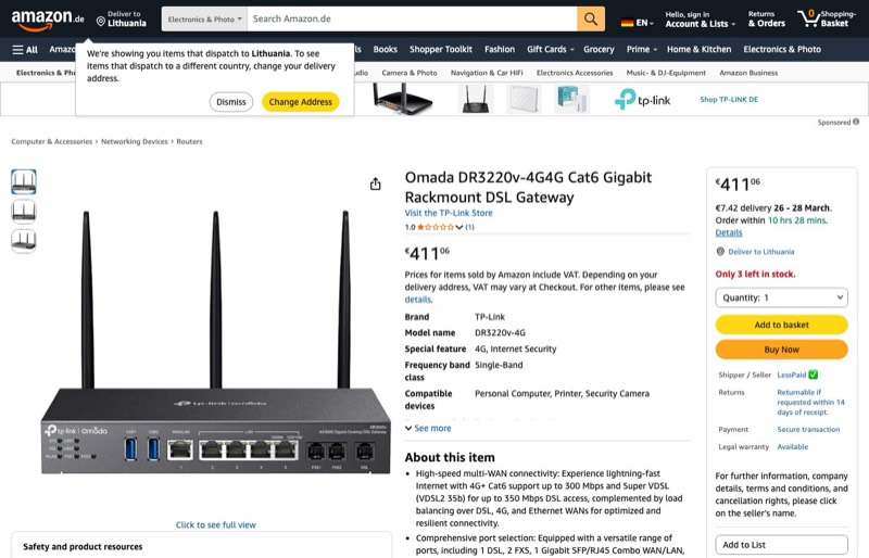 Omada DR3220v-4G4G Cat6 Gigabit Rackmount DSL Gateway kaina Amazon.de — 411,06 €