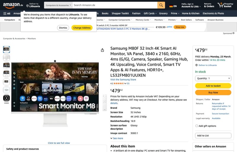 Samsung M80F 4K Smart AI kaina Amazon.de — 479,52 €