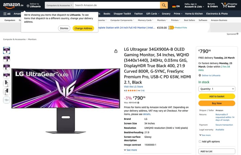 LG Ultragear 34GX900A-B OLED Gaming kaina Amazon.de — 790,06 €