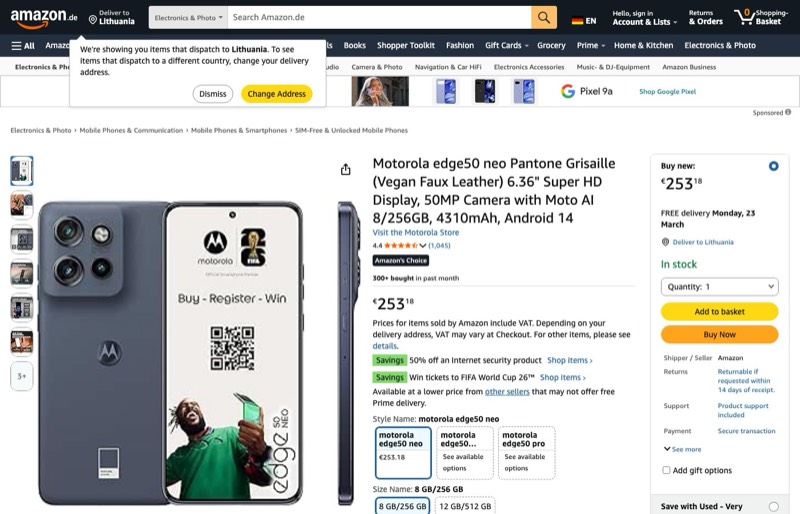 Motorola edge50 neo 256GB kaina Amazon.de — 253,18 €