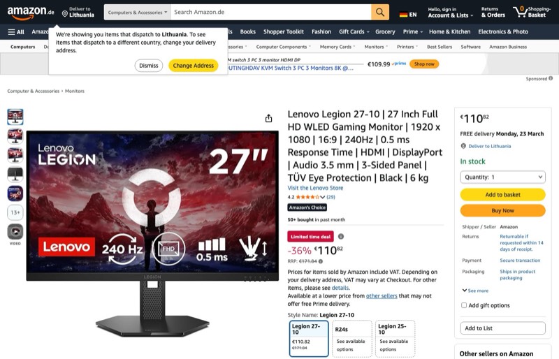 Lenovo Legion 27-10 | 27" Full HD WLED Gaming | 1920x1080 | kaina Amazon.de — 110,82 €