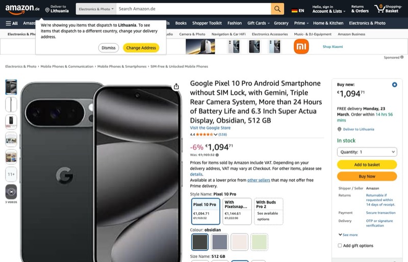 Google Pixel 10 Pro kaina Amazon.de — 1094,71 €