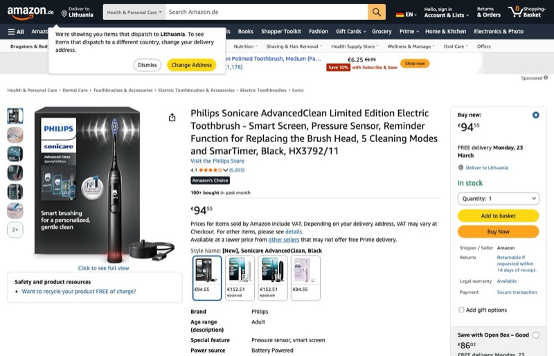 Philips Sonicare AdvancedClean HX3792/11 kaina Amazon.de — 94,55 €