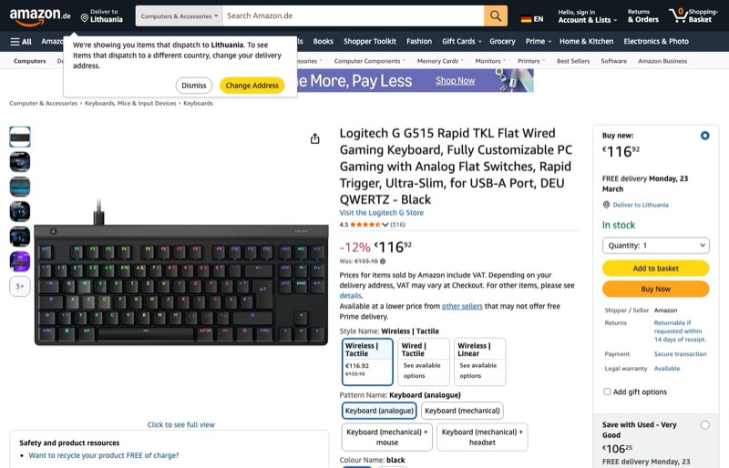 Logitech G G515 Rapid TKL Flache Gaming kaina Amazon.de — 116,92 €