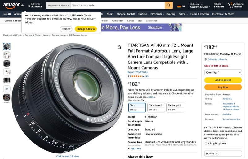 TTArtisan AF 40mm F2 L-Mount Silver kaina Amazon.de — 182,01 €