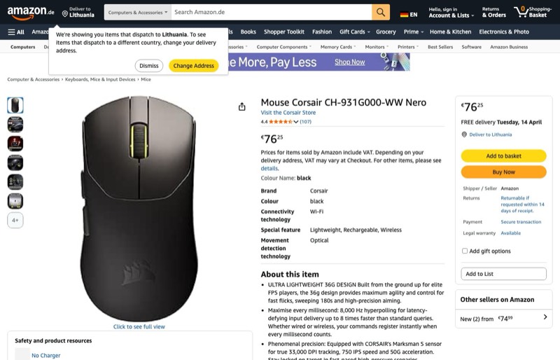 Corsair Sabre v2 PRO FPS Gamingmaus kaina Amazon.de — 76,25 €