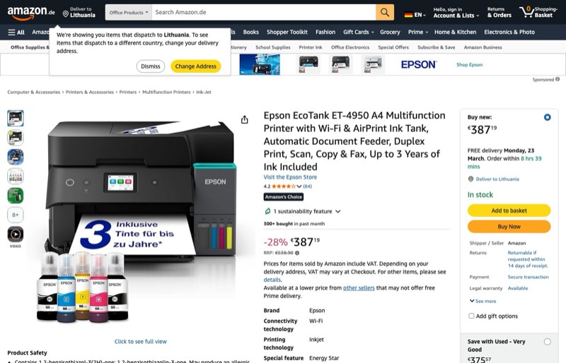 Epson EcoTank ET-4950 kaina Amazon.de — 387,19 €