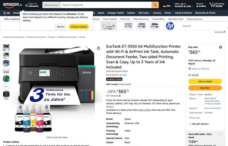 Epson EcoTank ET-3950 kaina Amazon.de — 365,70 €