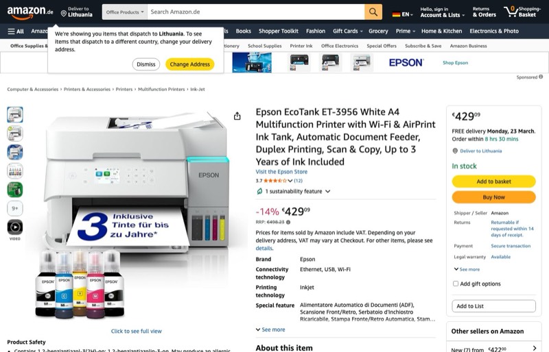 Epson EcoTank ET-3956 kaina Amazon.de — 429,09 €
