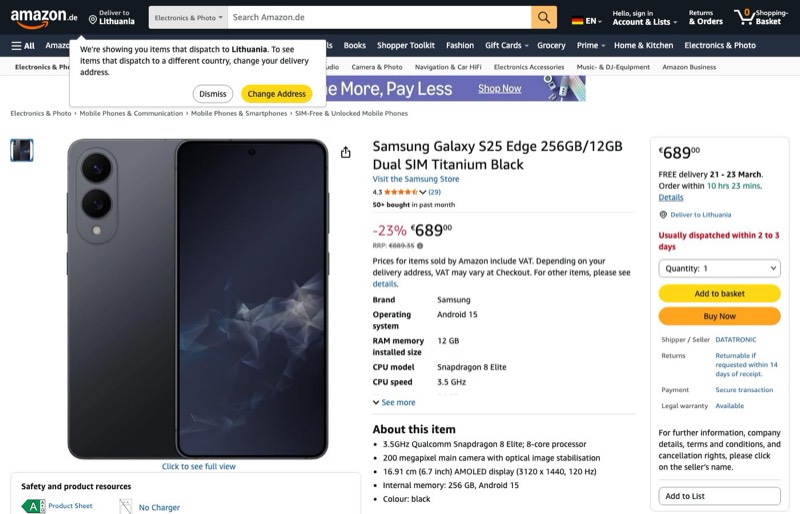 Samsung Galaxy S25 Edge SM-S937BZKDEUB kaina Amazon.de — 689,00 €