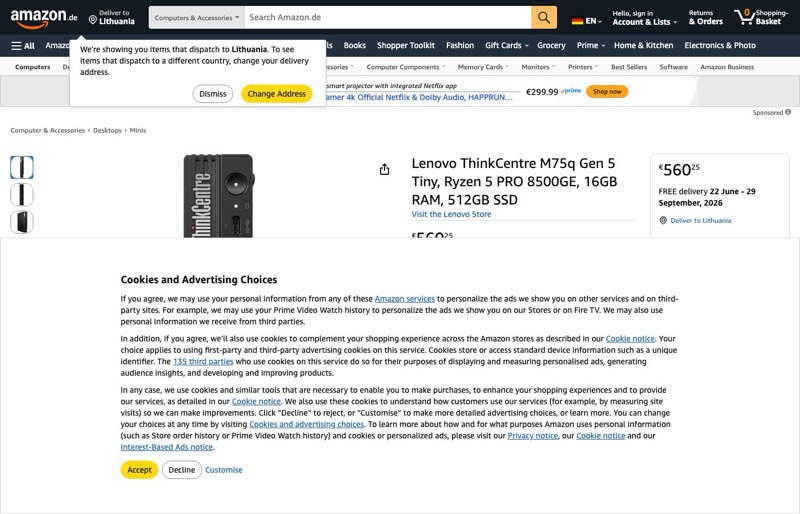 Lenovo M75Q G5 AMD Ryzen 5 8500GE kaina Amazon.de — 560,25 €