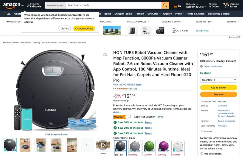 Honiture G20 Robot Vacuum kaina Amazon.de — 161,50 €