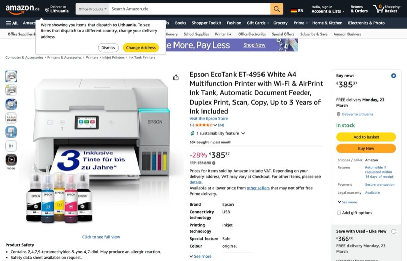 Epson EcoTank ET-4956 er A4-Multifunktionsdrucker Wi-Fi & kaina Amazon.de — 385,37 €